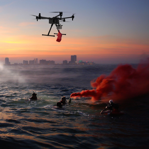 Drohne mit Rettungspaket über in Seenot geratenen Tauchern, die mit einem Rauchsignal auf sich aufmerksam machen. Im Hintergrund eine weit entfernte Küstenlinie.