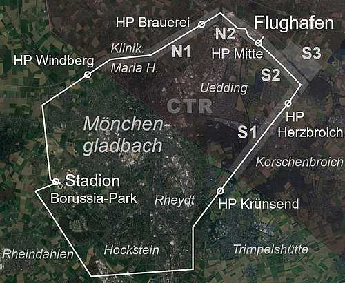 Karte mit Flugroute und Korridoren für den Drohnenbetrieb bei SkyCab
