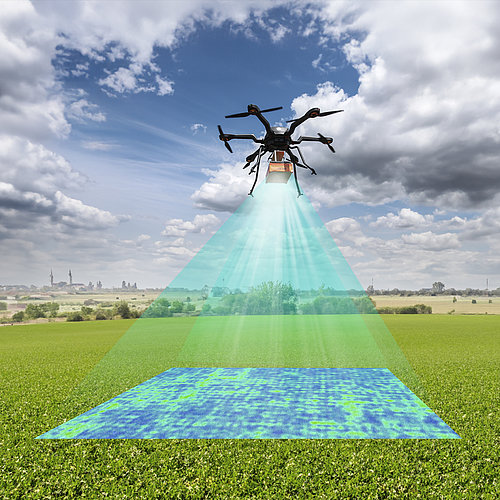 Eine Drohne fliegt über ein Feld und nach unten gerichtete Strahlen deuten ein Scannen des Bodens an.